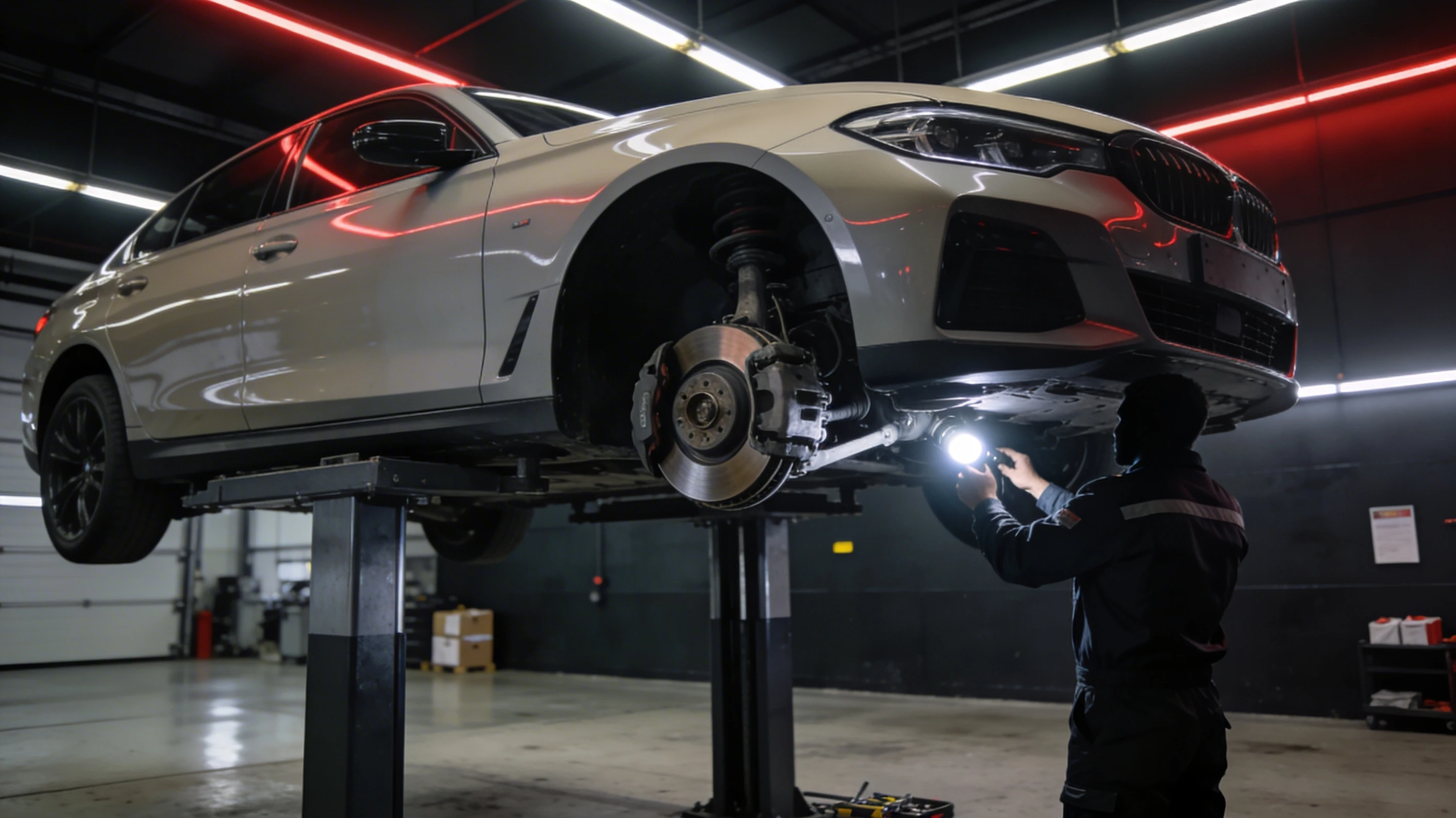 Alt: Диагностика подвески и тормозов автомобиля на подъёмнике перед продажей